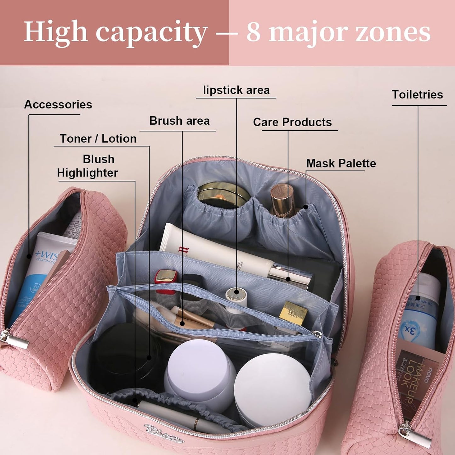 BOYATU Travel Makeup Bags for Women: 3 Set Make up Bags with Compartments - Large Cosmetic Bag - Vegan Leather Makeup Organizer for Traveling (L17 Pink)