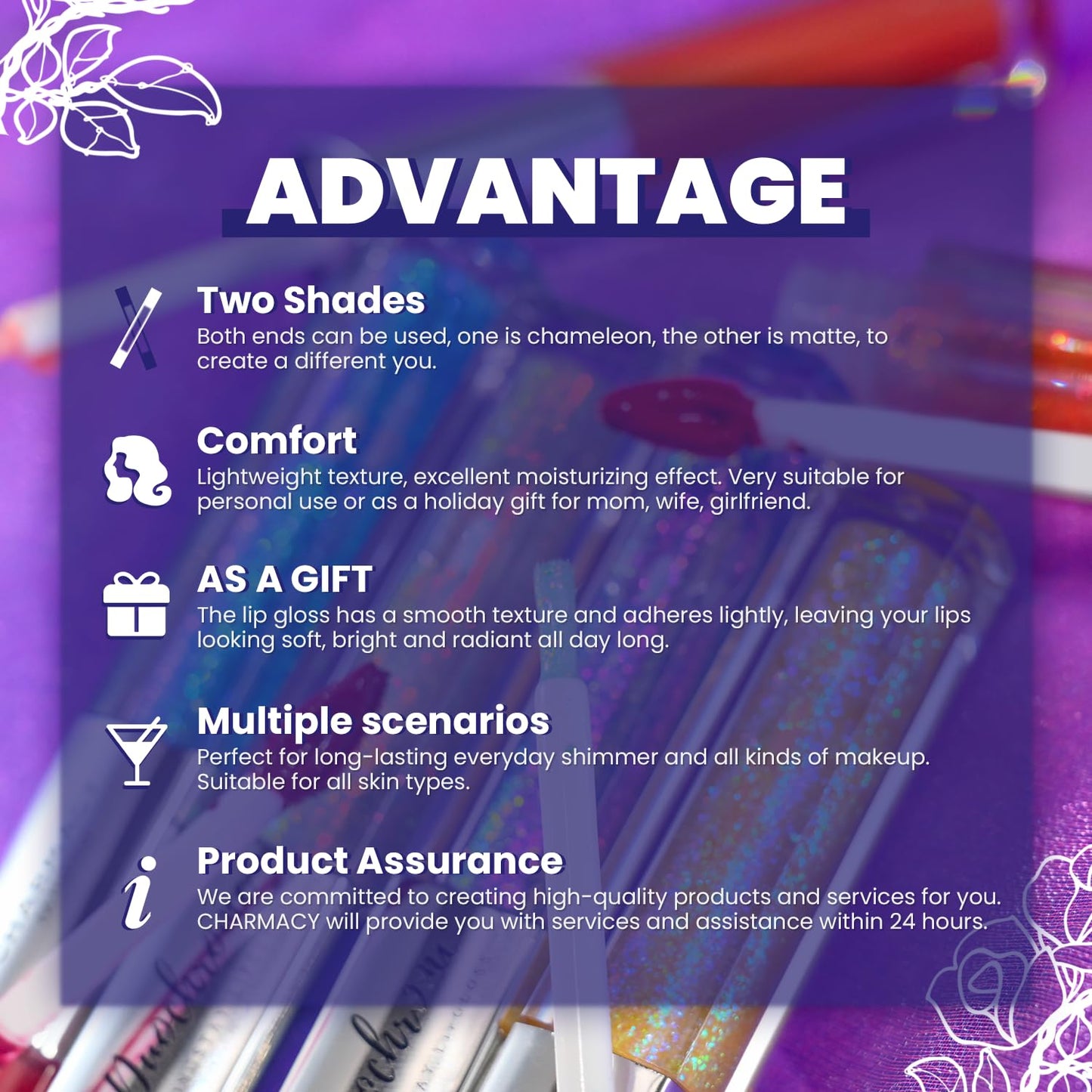 CHARMACY Multichrome Double Head Non-Stick Lip Gloss, Metallic Colourful Lip Glaze, Anti-transfer, Long Lasting Waterproof Liquid Lipstick Makeup (#02)