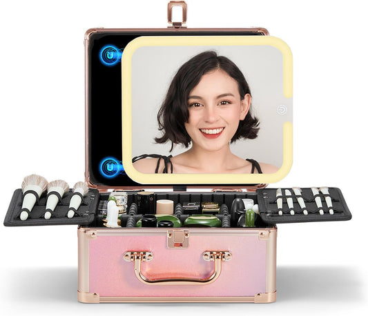 OMIRO Makeup Case, Makeup Bag with Light Up Mirror Set, Makeup Organizer Bag with Magnet Makeup Mirror for Women and Girls