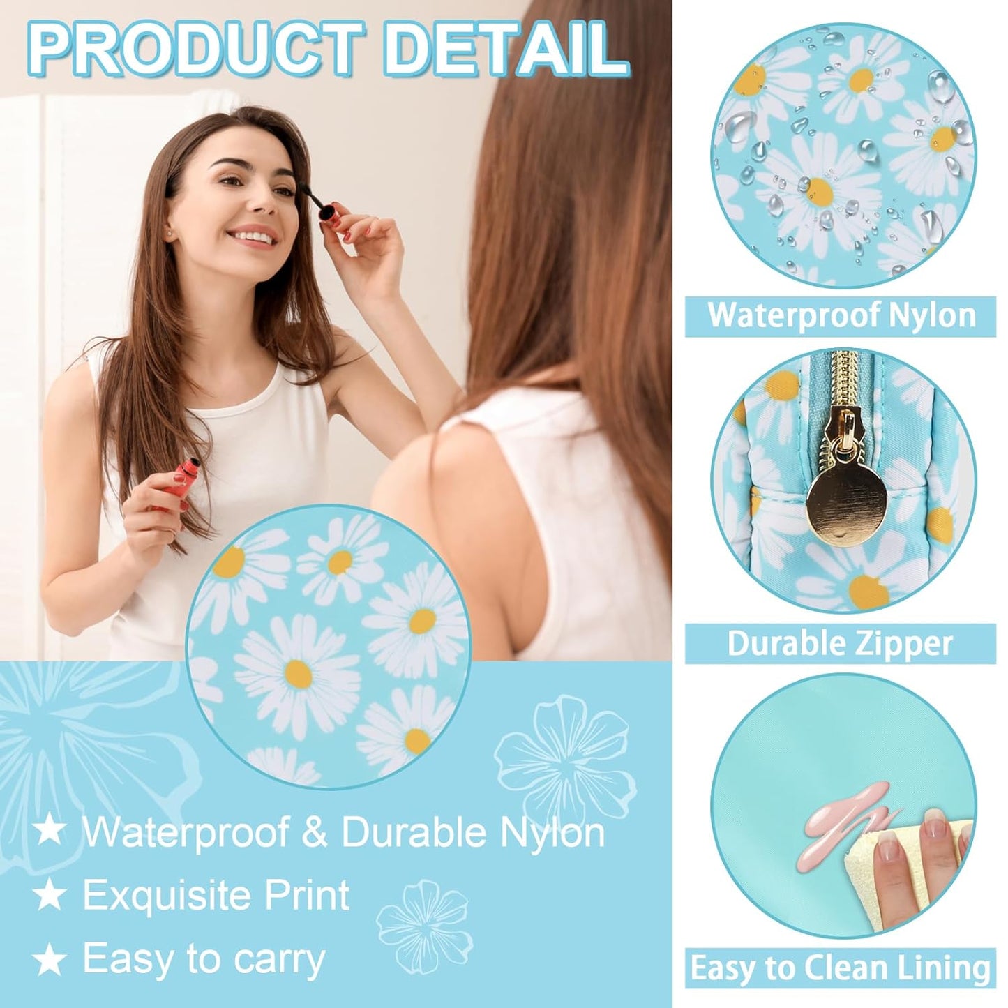 Waterproof Mini Floral Makeup Bag Pouch for Purse,Nylon Flower Cosmetic Travel Bag Small Preppy Toiletry Organizers Bag for Women Girl,Cute Zipper Pouch Coin Purse for Work(Mini Blue-Daisy)