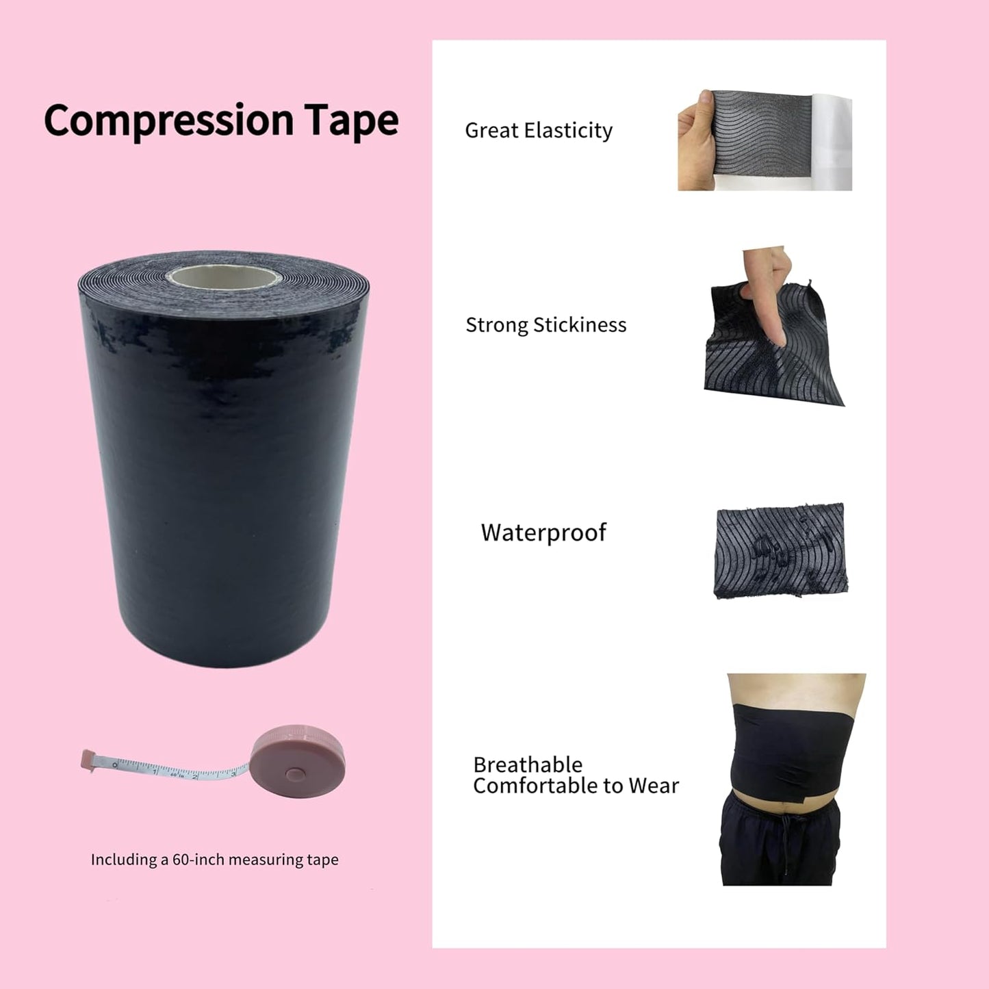 Body Stomach Compression Tape- Extra Wide Kaotic Magic Tape for Body Shaping& Workout& Sweater Enhancer& Skin Protection (Black/10CM*5M) (1 Roll)