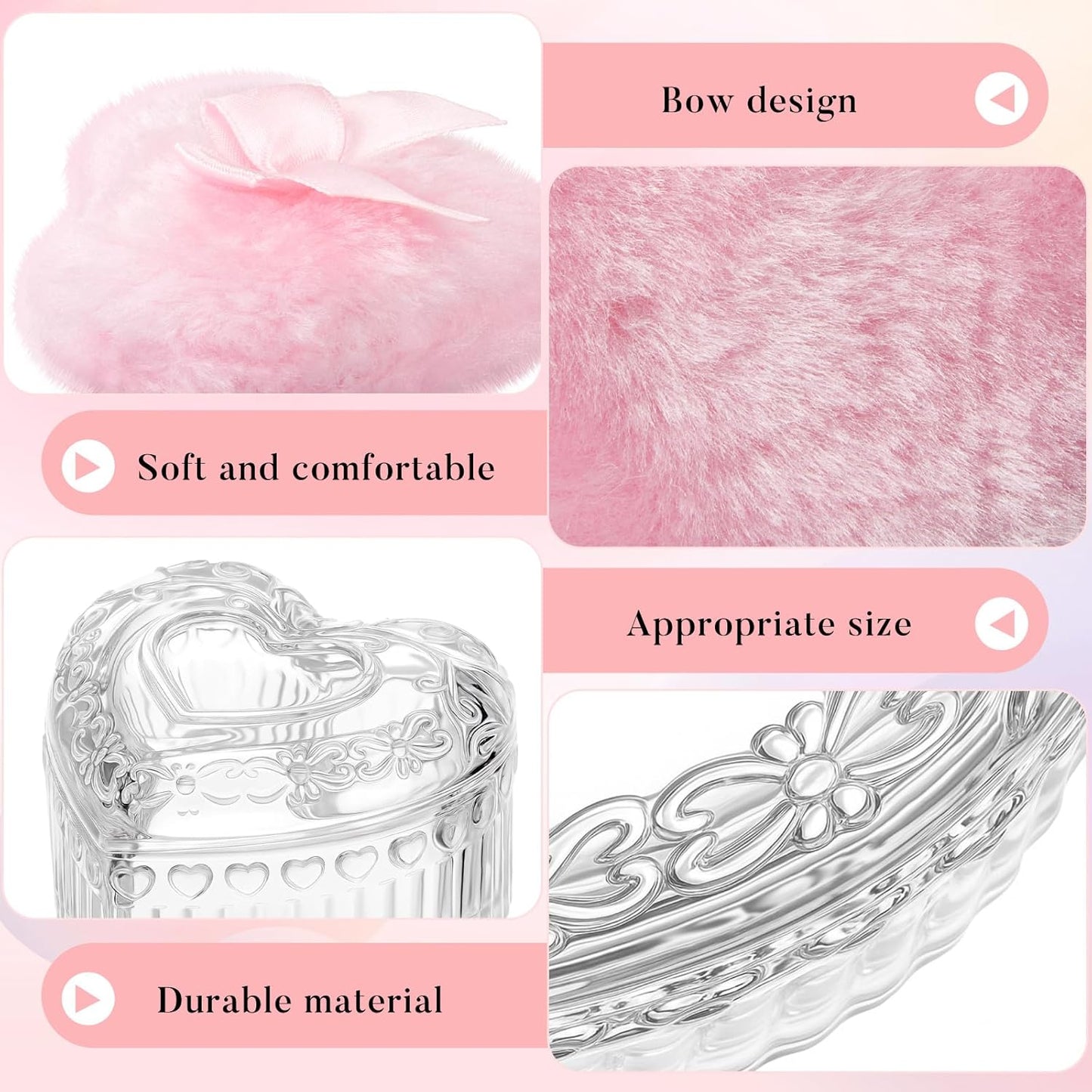 Tioncy 3 Pcs Large Body Powder Puff and Powder Container with Puff Crystal Container Soft Washable Reusable Velour Face Body Glitter Wet Dry Makeup Heart (Clear)