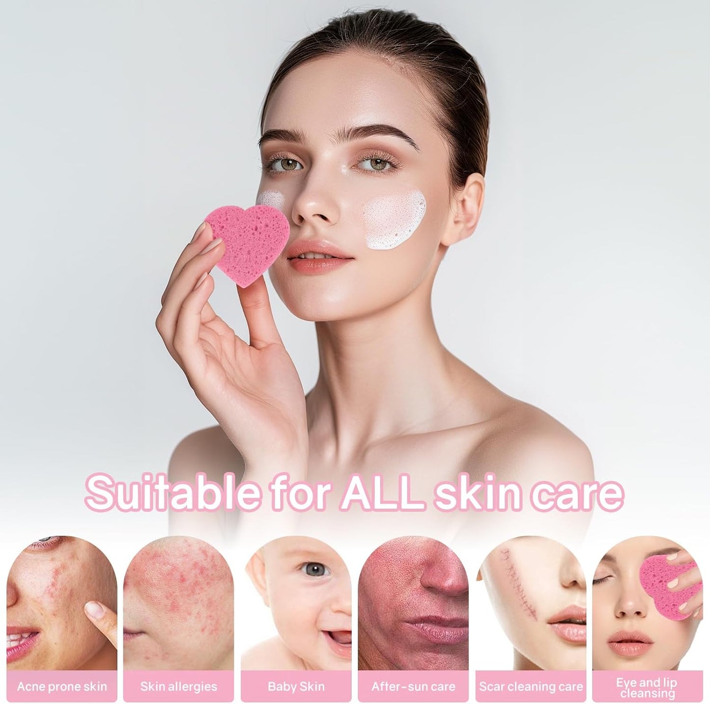 50-Count Heart Shape Compressed Facial Sponges,100% Natural Cellulose Face Sponge Spa Sponges for Removing Dead Skin, Dirt and Makeup(Pink)