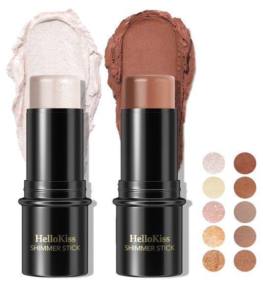 POPMISOLER 2 pcs Makeup Highlighter Stick & Cream Contour Stick, Natural Face Bronzer Stick Cool Toned Contour Kit for Beginners Waterproof Shimmer Highlight Stick, Brightening Foundation Stick