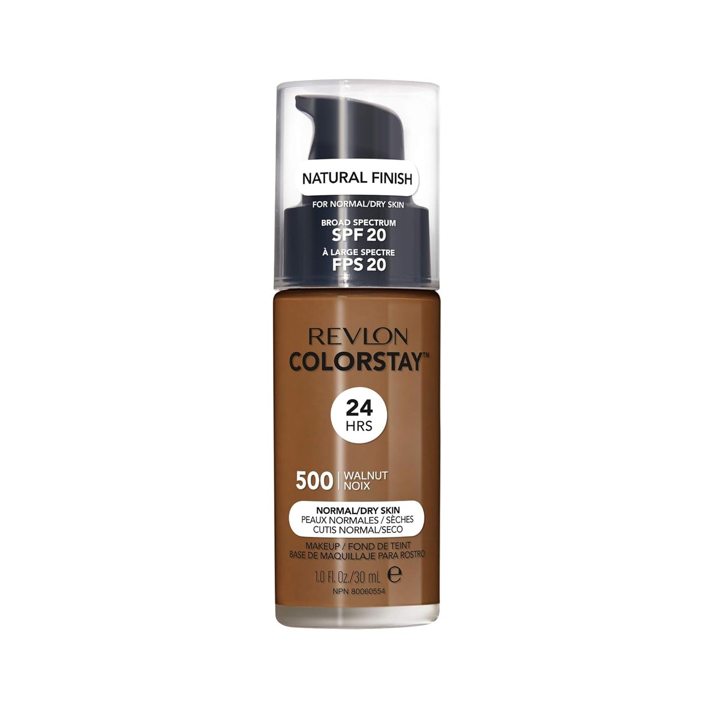 Revlon Liquid Foundation, ColorStay Face Makeup for Normal & Dry Skin, SPF 20, Longwear Medium-Full Coverage with Natural Finish, Oil Free, 500 Walnut, 1 Fl Oz