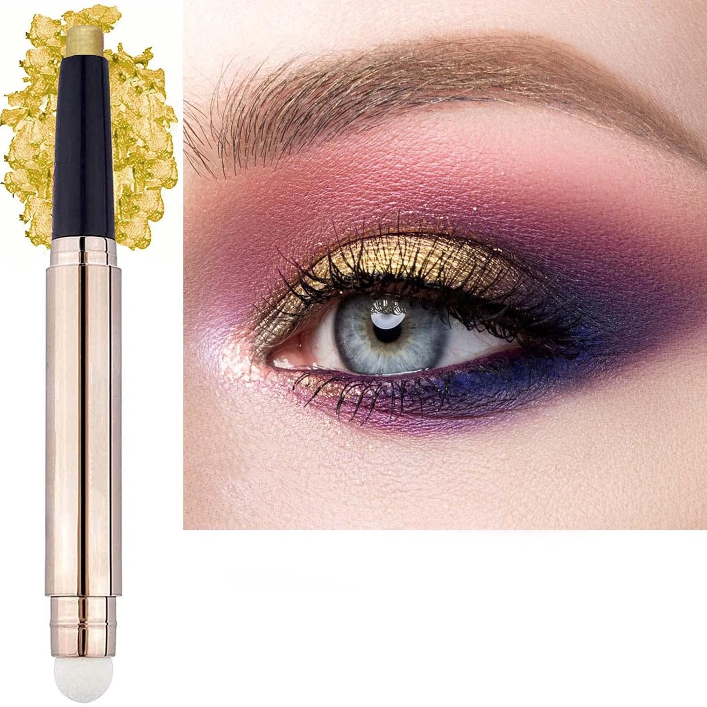 Gold Eyeshadow Stick Makeup, Highlighter Matte Cream Eye Shadow Pencil, Waterproof Hypoallergenic Long Lasting Crayon, Glitter Primer Palette Shimmer Eyeliner Pen wiht Soft Brush
