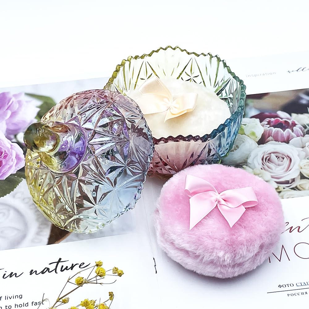 Luxury 4 Inch Glass Loose Powder Container with 2 Soft 3.5" Puffs｜Non-Sealed Refillable Organizer Storage for Body Powder Makeup & Jewelry & Setting Applicator(Crown-Colorful)