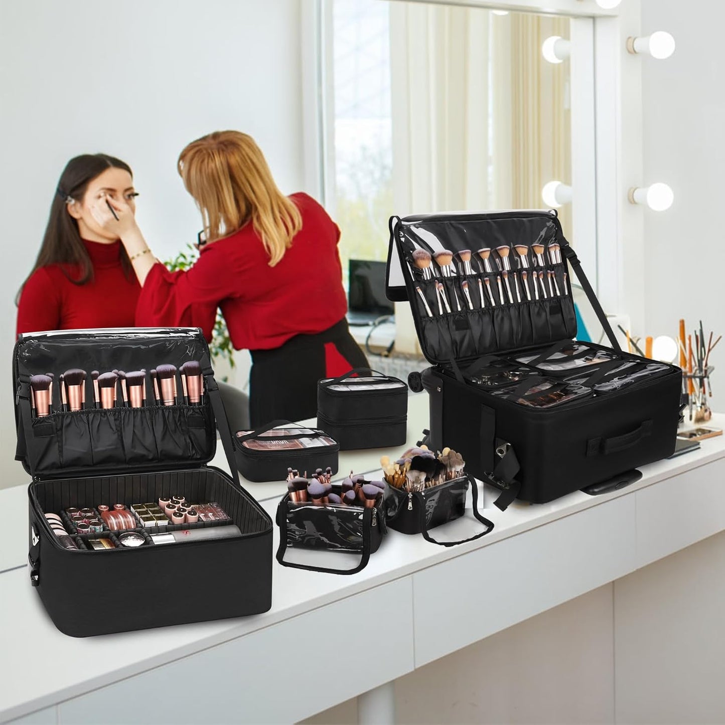 Rolling Makeup Bag Professional Makeup Artist Bags 4 in 1 Rolling Cosmetics Case Organizer Extra Large Trolley Travel Case with 360° Swivel Wheels and Adjustable Dividers