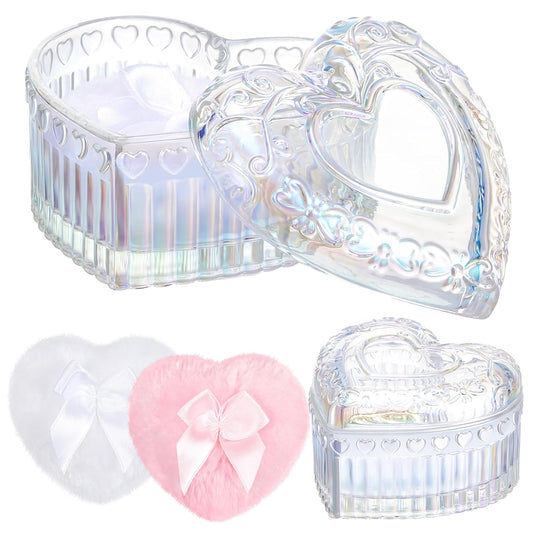 Tioncy 3 Pcs Large Body Powder Puff and Powder Container with Puff Crystal Container Soft Washable Reusable Velour Face Body Glitter Wet Dry Makeup Heart(Dazzling)