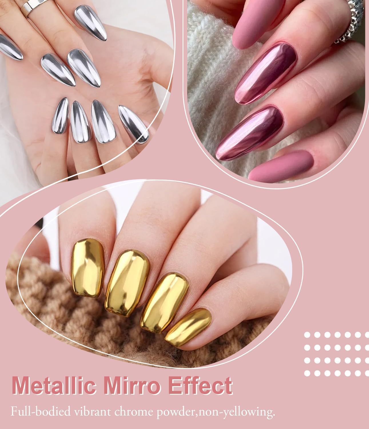 6Pcs Chrome Nail Powder Set - Metallic Mirror Effect Holographic Nail Powder Gold Silver White Nail Chrome Powder for Nails Art Decoration