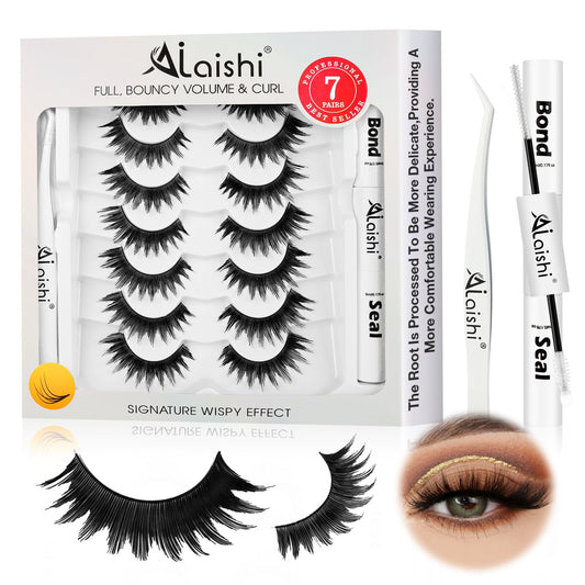 False Eyelashes Kit With Bond, Seal and Tweezer, 7 Pairs Fluffy Natural Look Fake Cat Eye Lashes Strips Thin Band Extensions Waterproof Easy Eyelashes for Beginners DF64
