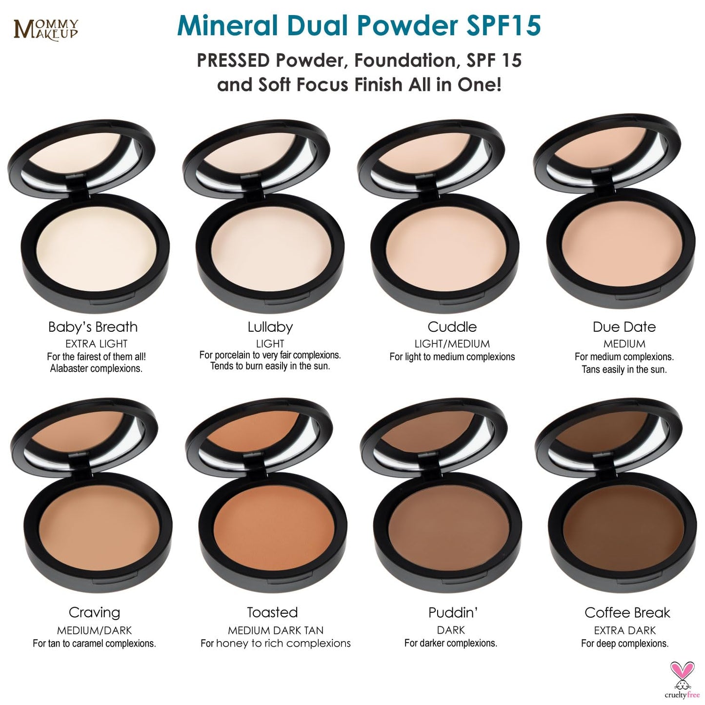 Mineral Dual Powder in Puddin' (Dark) | 4-in-1 Pressed Mineral Foundation with SPF 15 for Flawless Glow & Soft Looking Skin | Oil Free, Talc Free, Gluten Free | 0.45 Oz | by Mommy Makeup