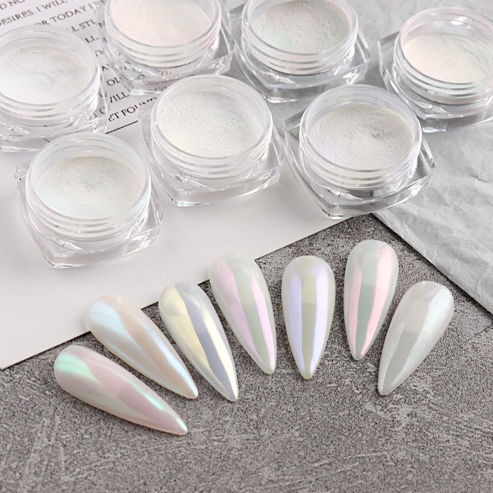 7 Colors Pearl Chrome Nail Powder,Aurora Mermaid Iridescent Powder Set, Metallic Mirror Effect Glitters Pigment for Gel Polish Nail Art Decorations