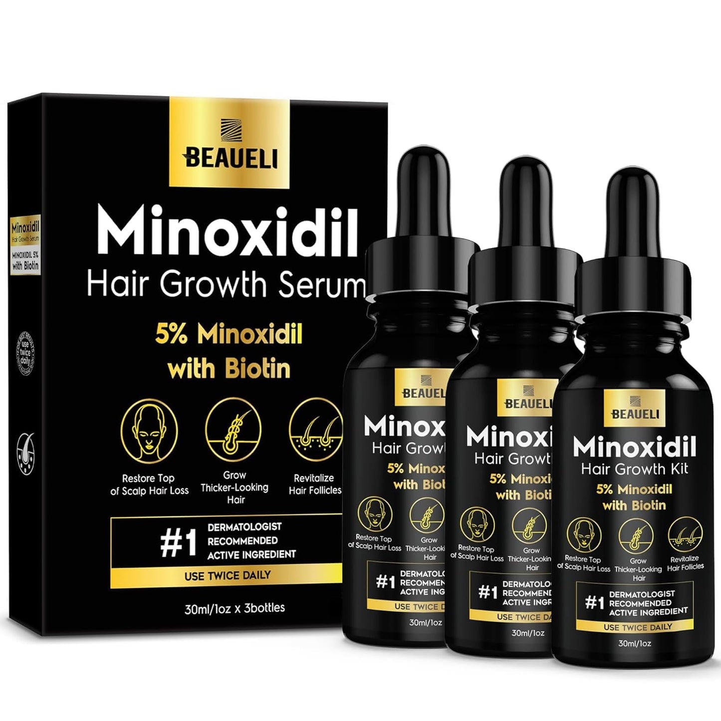 5% Minoxidil Hair Growth for Men and Women: Extra Strength Minoxidil Regrowth Treatment Serum for Thinning Hair Loss to Grow Thicker Fuller Faster 30ml 3Bottles