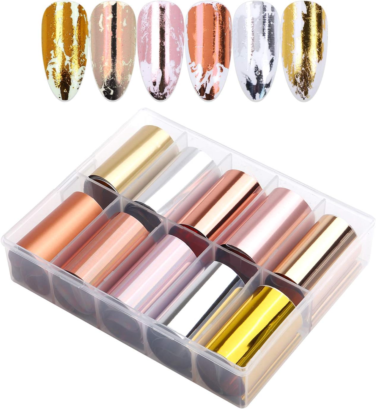 10 Sheets Holographic Nail Art Foil Transfer Stickers - Metallic Color Print Nail Decals 3D Self-Adhesive Stickers DIY Manicure Decoration Kit