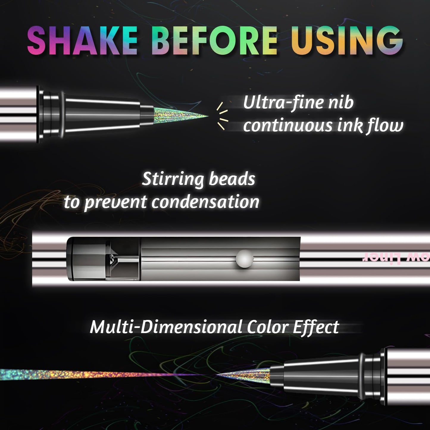 CHARMACY New Chameleon Liquid Eyeliner, Liquid Glitter Eyeliner, Highly Pigmented, Metallic MultiColor Shifting waterproof Eyeliner, Ultra-Fine Tip, Longwearing, Smudge-proof (A01 Blush Aurora)