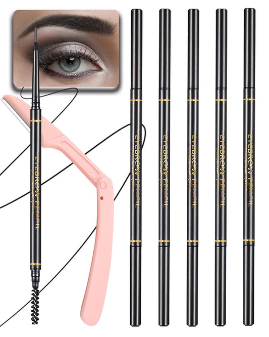 Black Eye Brow Pencils for Women, 6Pcs Waterproof Eyebrow Pencil, 1.5mm Micro-Fine Tip & Spiral Brush with Brow Razors Perfect for Creating a Natural and Delicate Eyebrow Look Makeup