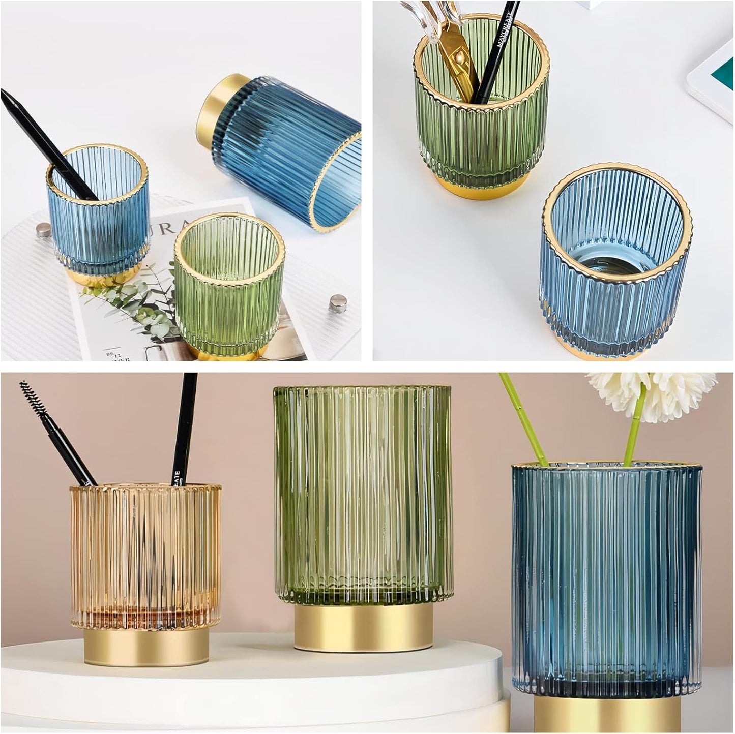 DASITON Makeup Brush holder Organizer,Crystal Cosmetic Makeup Brush Glass Brushes Storage Holder, Vintage Make Up Brush Cup Pen Pencil Holder striped vase(Blue S)
