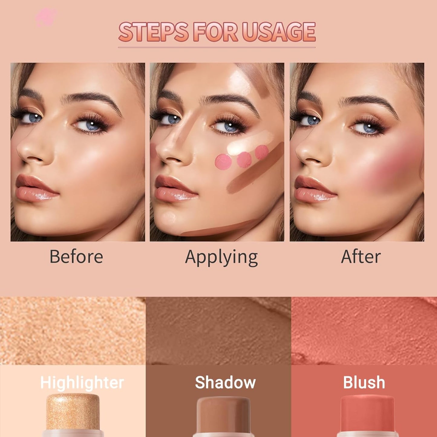 3pcs Face Contour Stick, Highlighter Stick Blush Stick Cream Contour Kit Makeup Set with Brush, Contouring Stick for Fair Skin, Concealer Stick Makeup Gift for Beginner Women Teen Girls