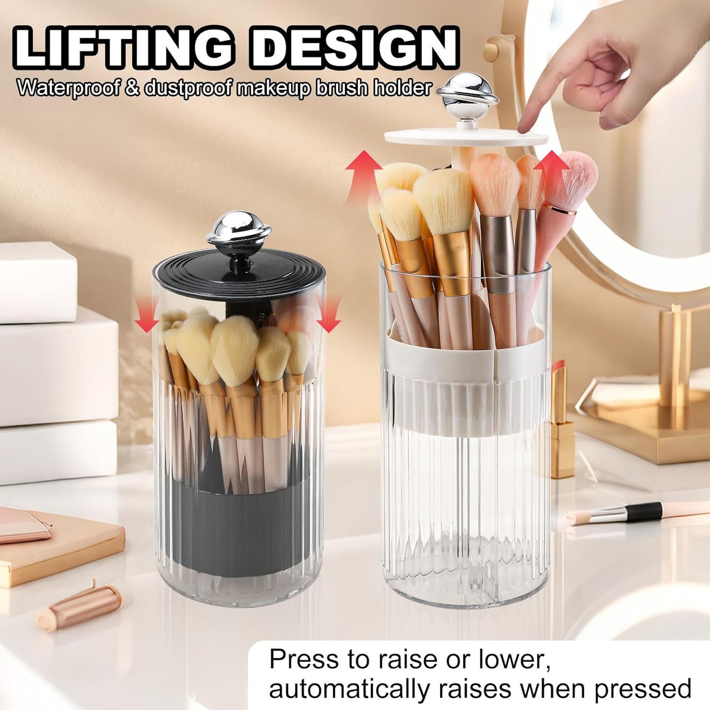 DASITON Makeup Brush Holder with Lid, Automatic Lifting Makeup Organizer for Vanity, 4 Slots Clear Makeup Brush Organizer, Dustproof Cosmetic Brushes Storage for Bathroom, Desktop, Office (Cream)