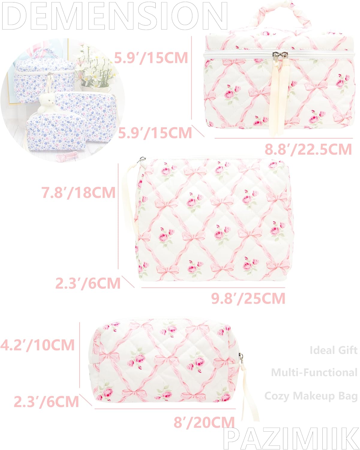 PAZIMIIK 3PCS Makeup Bag SET Large Travel Quilted Zipper Soft Cosmetic Case Pouch for Women Girls Make Up,Bow Rose