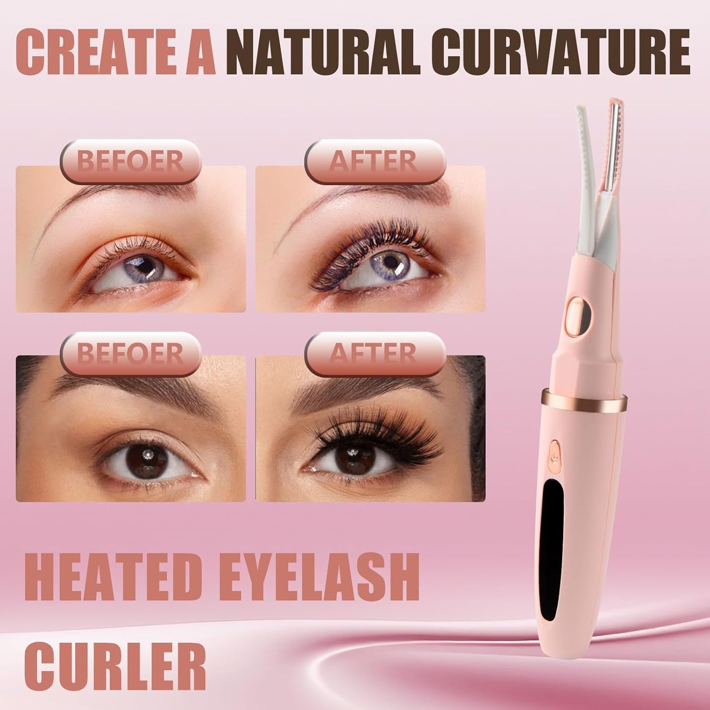 Heated Eyelash Curlers - 2 in 1 Clip- Type Heated lash Curler Best Seller Electric Eyelash Curler LED Display 3 Temp Settings for Makeup Tools USB Rechargeable Natural-Pk C1A-AA