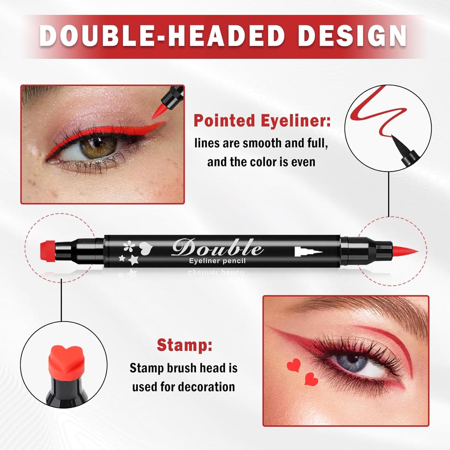2PCS Double-headed Eyeliner Stamp Pencil Black and Red Liquid Winged Eyeliner Stamp Pen Waterproof Smudgeproof Eye Liner Stamp for Eye Makeup(Heart)