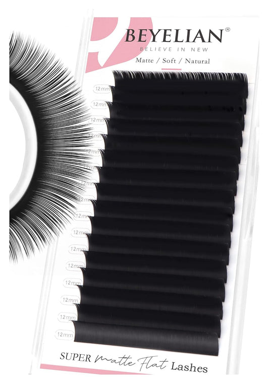 BEYELIAN Flat Eyelash Extension, Ellipse Lash Extensions 0.20 C Curl 12mm 16 Rows Matte Black Eyelash Extension Supplies Classic Lash Extensions Individual Eyelashes Salon Use