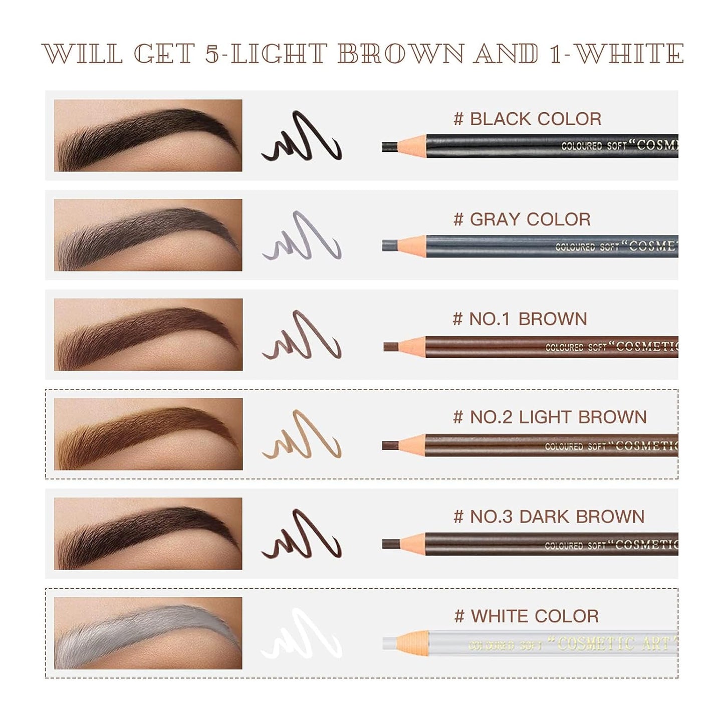 Waterproof Eye-Brow Pen-cil Set, Pull Cord Peel-off Eyebrow Pencil Microblading Pen Supplies Kit, White Eye-Liner Pencil and Eyebrows Tool Tattoo Makeup For Marking (5+1 Light Brown)