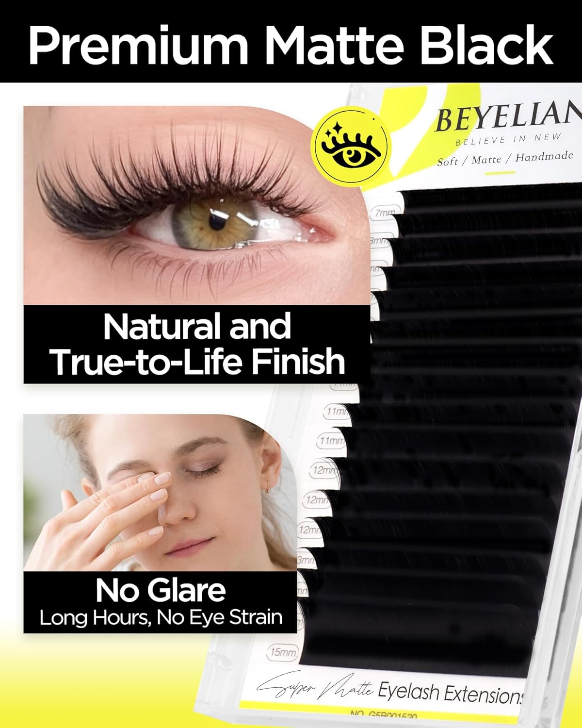 BEYELIAN Eyelash Extension 0.10 D+ Curl 7-15mm Mixed Tray Easy Fan Lash Extensions Volume Lashes Professional Use Natural Matte Black (0.10 D+ 7-15mm Mix)