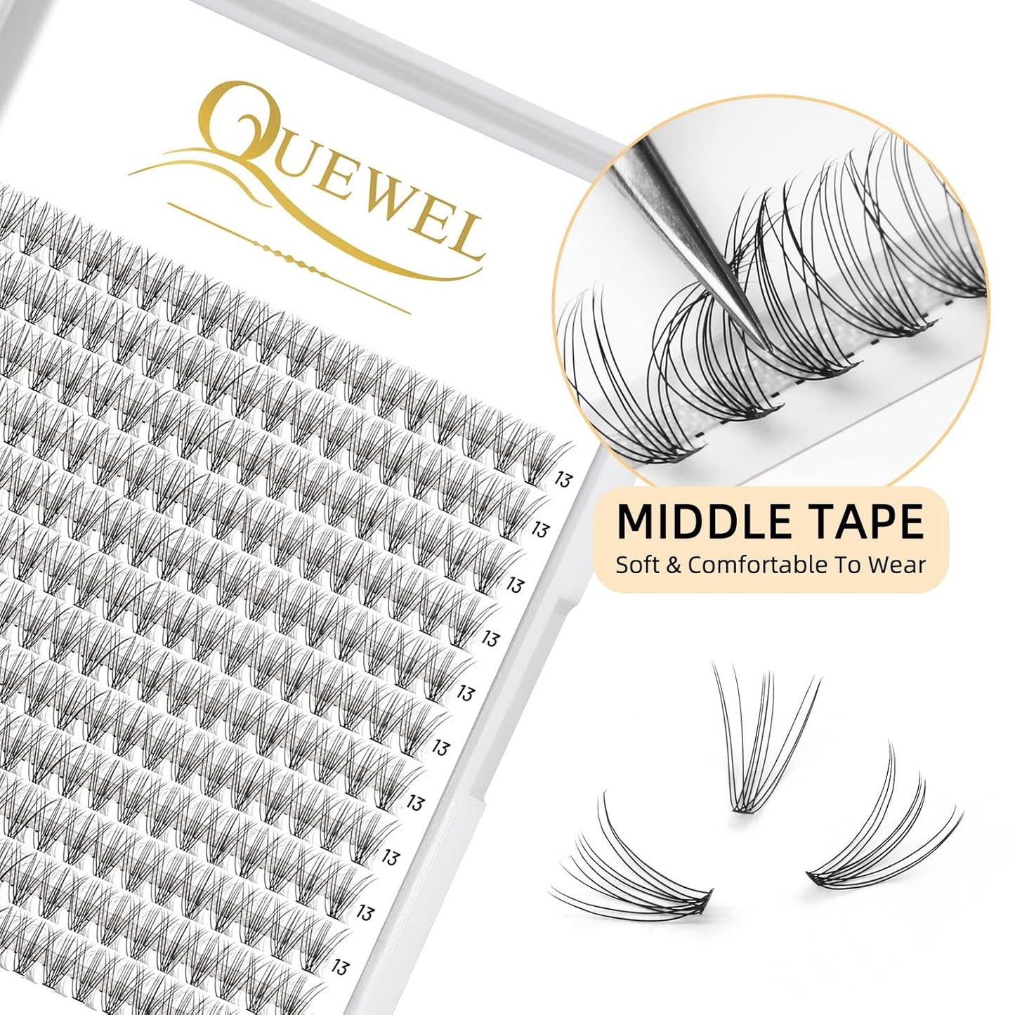 QUEWEL Cluster Lashes 240Pcs Individual Lashes 10D 0.10D Curl 13mm Knot-Free Lash Extensions Clusters Lashes Soft&Natural False Eyelashes Individual DIY Eyelash Extension at Home(10D 0.10D 13)
