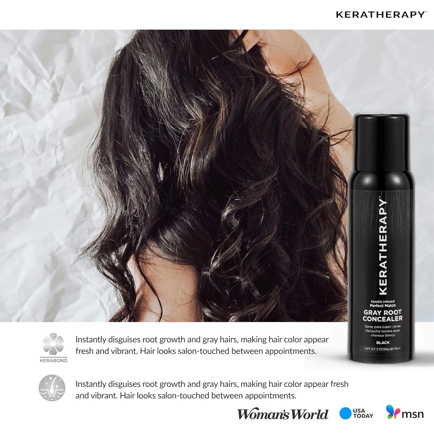 Keratherapy Keratin Infused Perfect Match Gray Root Concealer Spray, Black, 3 oz, 118 ml - Root Cover Up Spray to Hide Gray Roots - Keratin Therapy Hair Darkening & Temporary Scalp Concealer