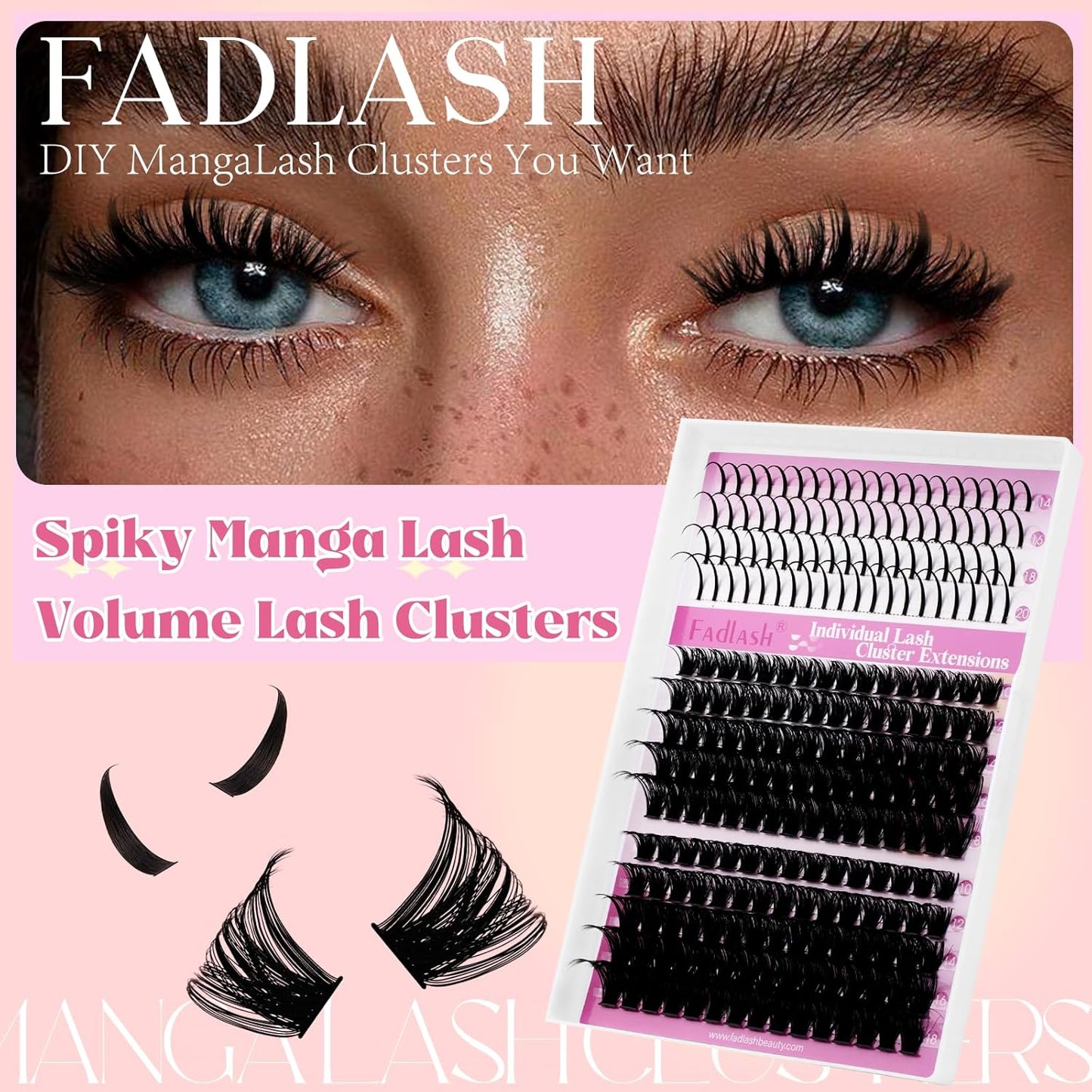 Lash Clusters 80D+100D Eyelash Clusters 10-18mm Spikes 14-20mm Thick Volum Manga Lashes with D Curl DIY Fairy Lash Clusters with Spikes by FADLASH