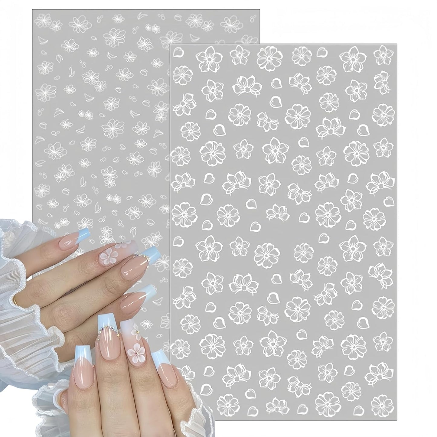 6Sheets Summer Flower Nail Art Stickers Black White Flower Nail Decals 3D Self Adhesive Nail Decals White Floral Cherry Blossoms Floret Nail Design for Women DIY Nail Decoration Accessories Craft