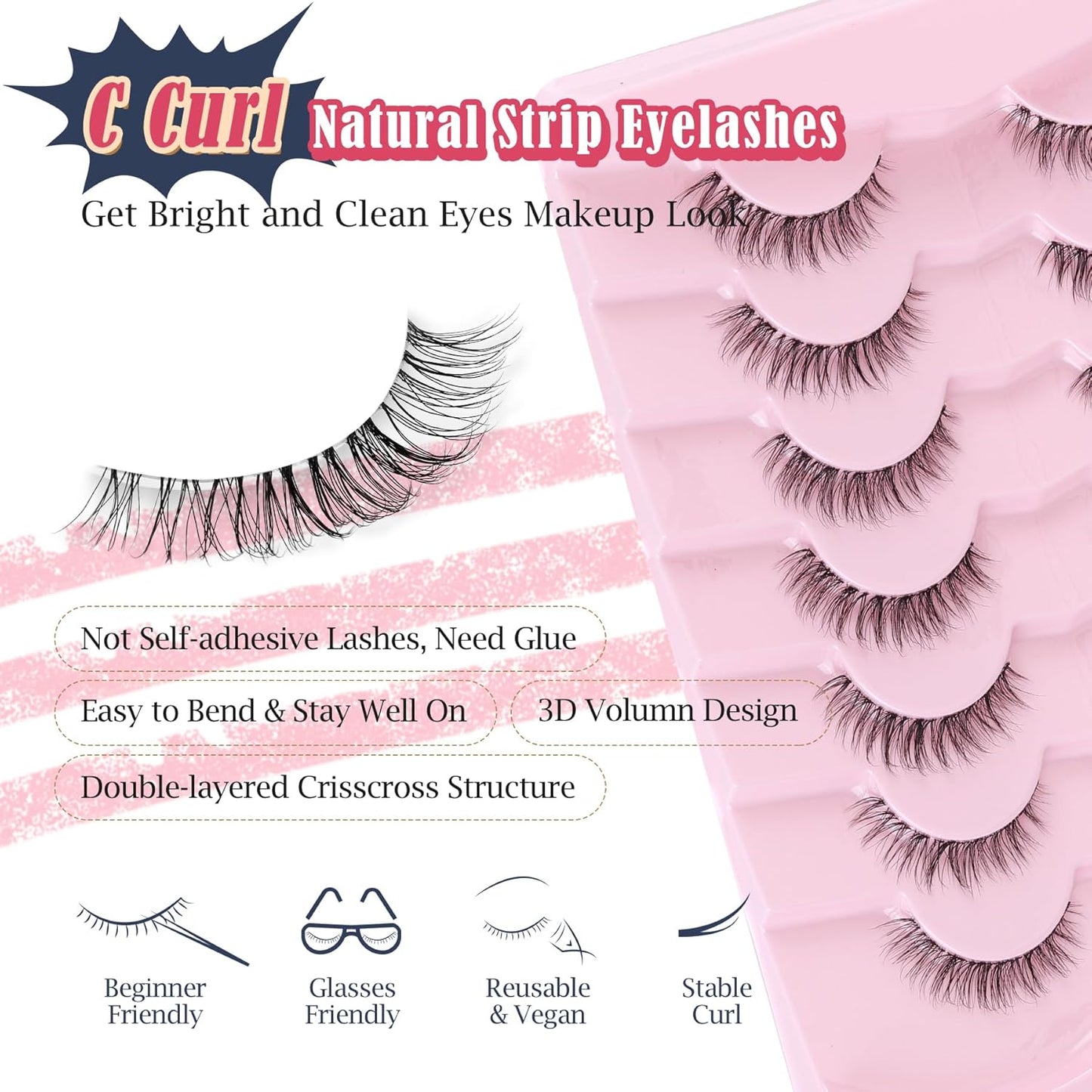 Natural Lashes False 11mm Short Eyelashes Wispy C Curl Eye Lashes Pack with Thin Cotton Band Fake Eyelash 3D Volume For Daily Siligli Lash 7 Pair