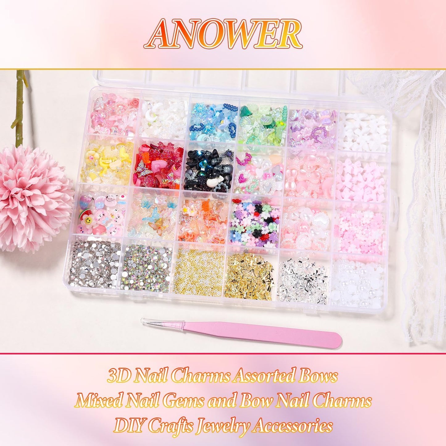 3D Nail Charms and Gems Mix Styles Butterfly Flower Bow Heart Colorful Assorted Nail Art Charm for Acrylic Nails Design, Pearls Nails Charms with Rhinestones Tiny Beads with Tweezers