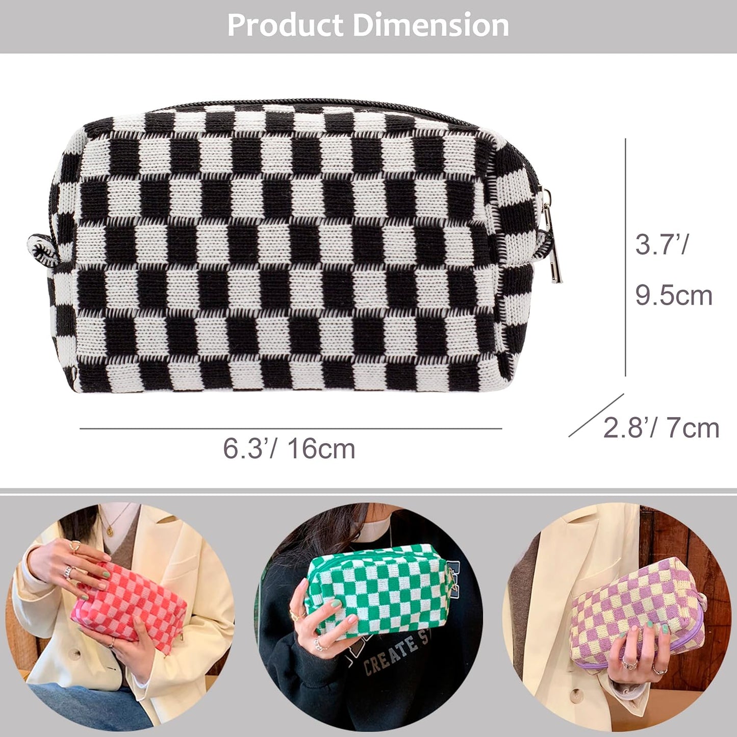 PAZIMIIK Checkered Makeup Bag for Purse Portable Zipper Make Up Pouch Small Cosmetic Case for Travel Accessories (Black)