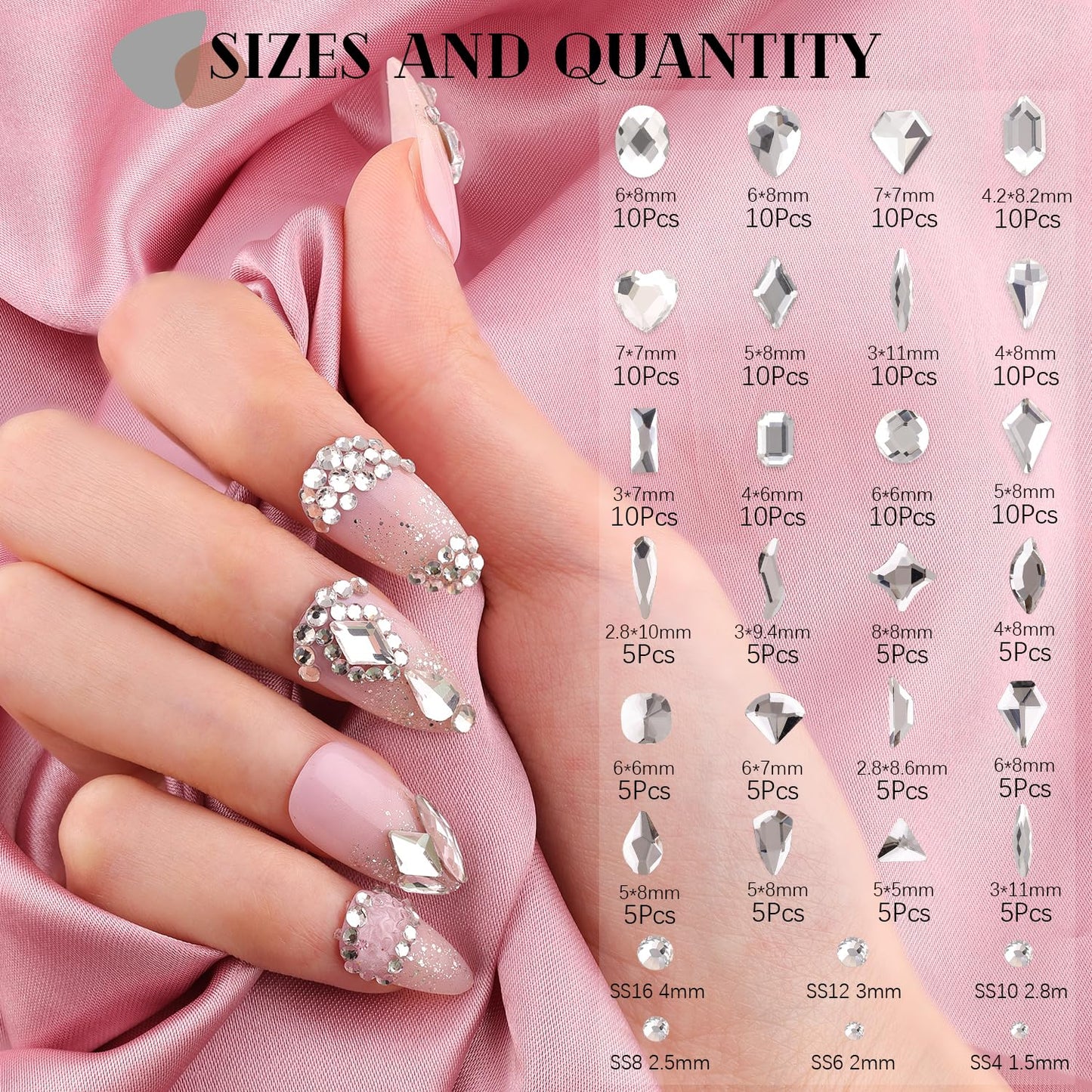 1680Pcs Silver Clear Nail Rhinestones 180Pcs Multi Shapes Glass Flatback Nail Gems + 1500Pcs 1.5-4mm Round Crystal with Rhinestones Glue Gel, Manicure Nail Charms Diamond Gemstones for Nail Art