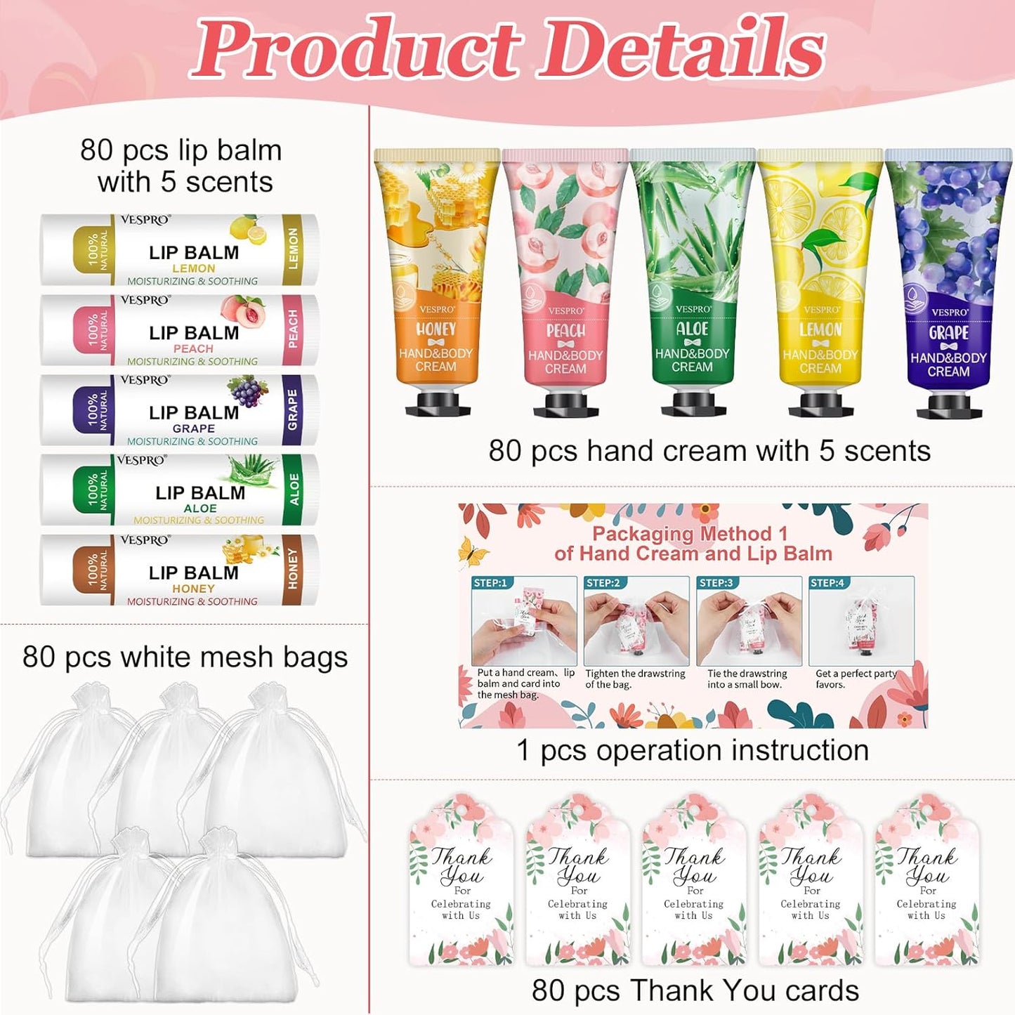 80 Sets Bulk Hand Cream and Bulk Lip Balm Gifts, Bridesmaid Gifts, Baby Shower Party Favors and Bridal Shower Gifts for Guests with Thank You Card Organza Bags, Thank You Gifts for Coworkers Women