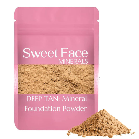 (12 Gram Bag) (Deep Tan) Foundation Powder Refill By Sweet Face Minerals, Lightweight Mineral Loose Makeup Powder with SPF 20, Full Coverage Flawless Finish, Talc-free, Cruelty-Free, Refillable Pouch