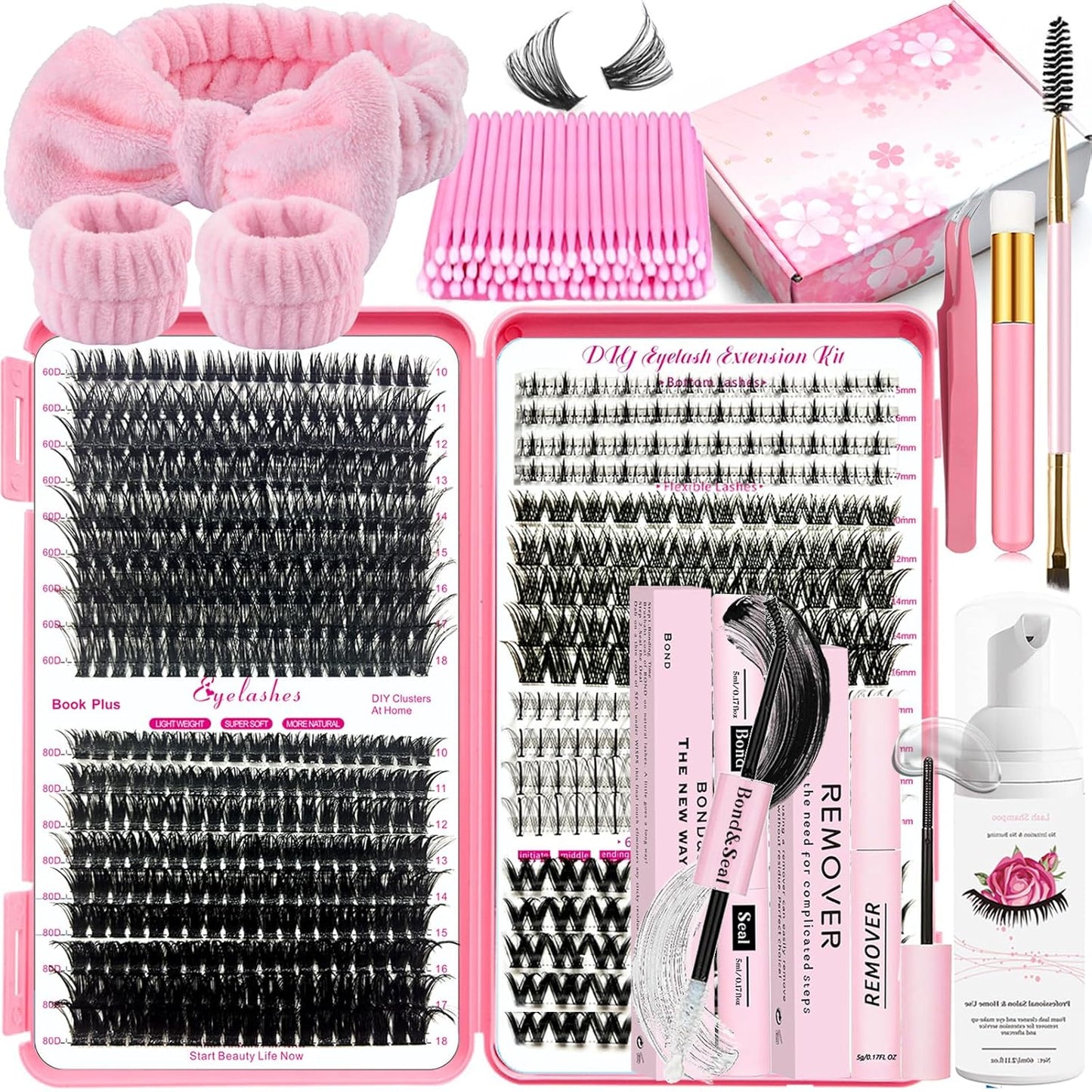 DIY Lash Extension Kit 584 Pcs Lashes Clusters with Bottom Lashes Lash Bond and Seal Glue Remover Lash Shampoo Cleansing Brush Headband Wristband Tweezers Eyelash Brush Applicator