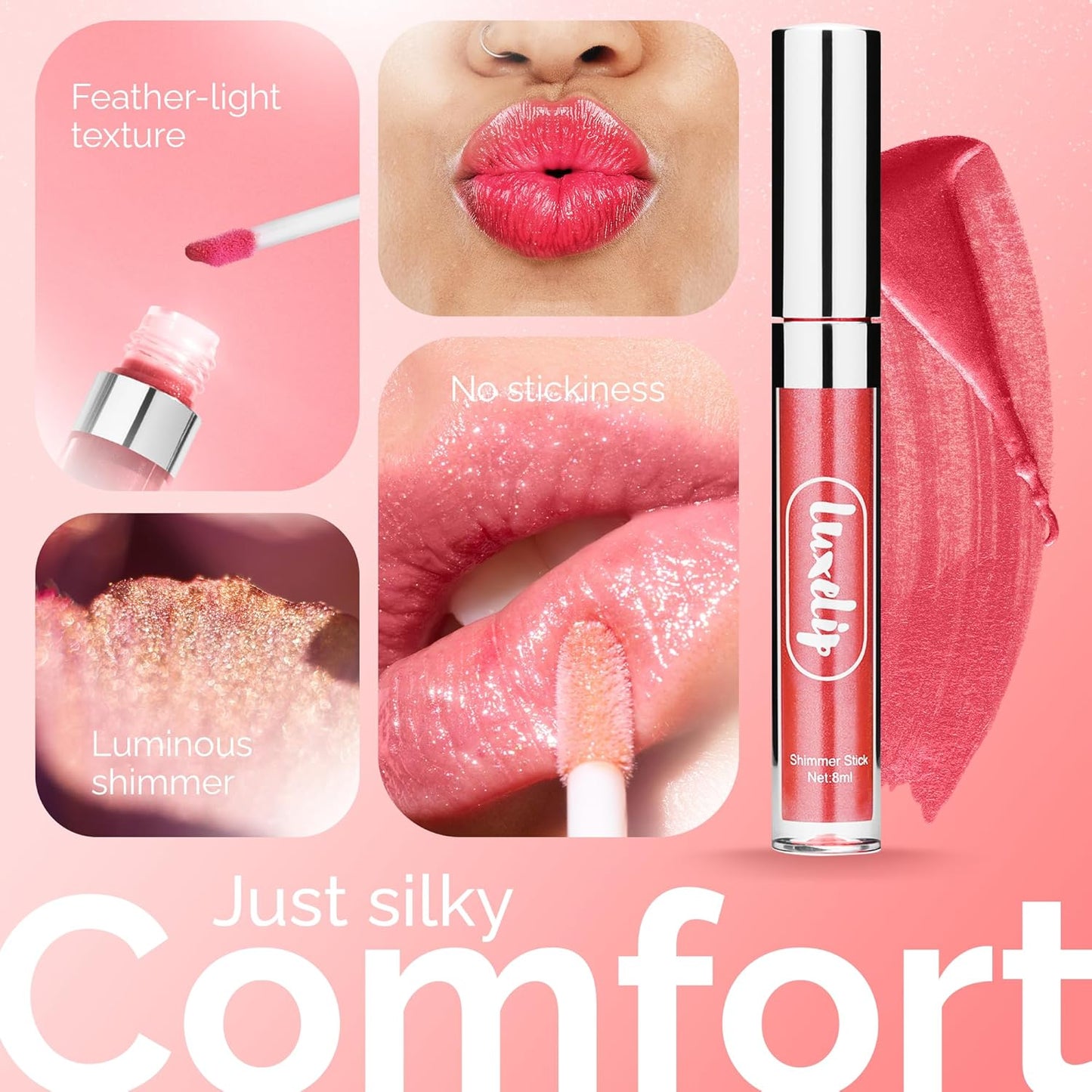 LuxeLip™ Matte Lipstick, Hydrating Non-Sticky Lip Gloss for Luminous Shine & Moisturized Lips, Lightweight, Long-Lasting Glossy Finish, Cruelty-Free Lip Makeup for Women (Petulant Blush, 8ml)