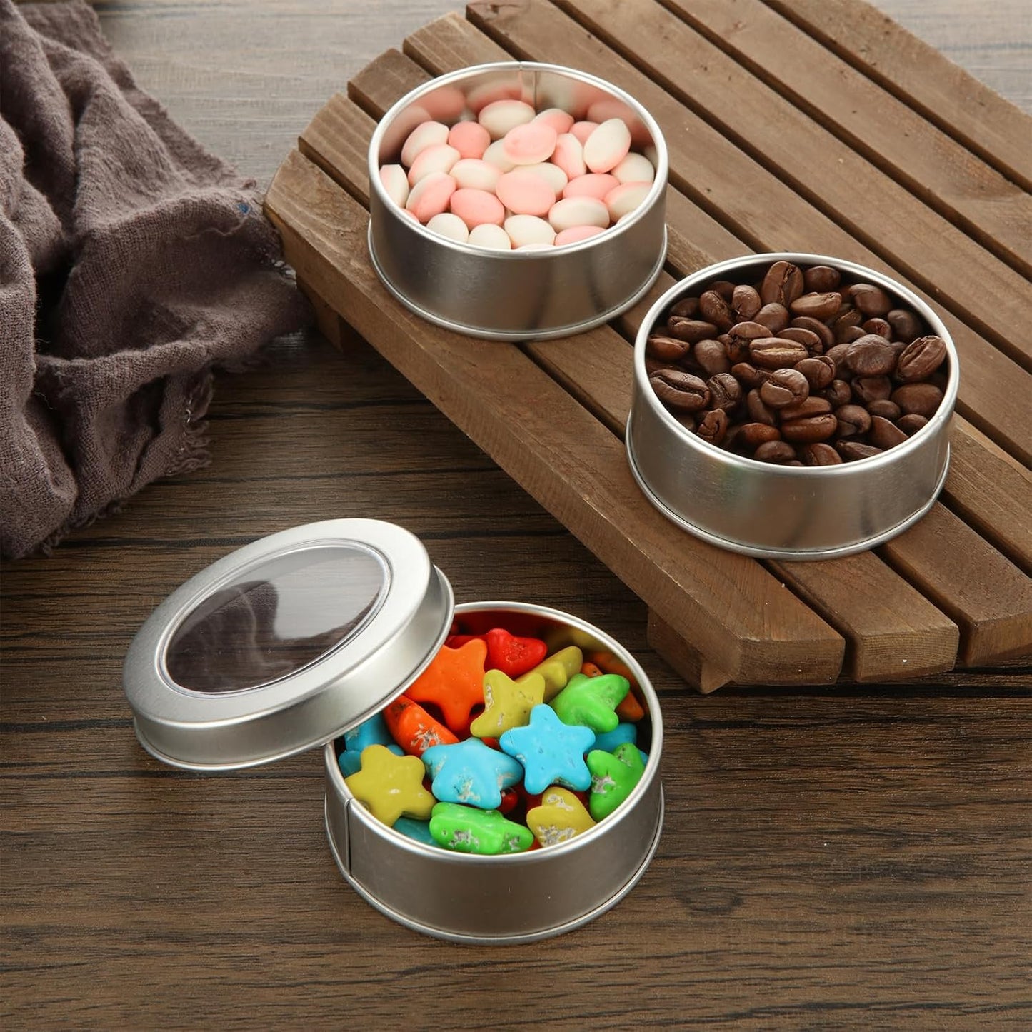 50Pcs 2 Oz Metal Tin Cans, Round Empty Containers with Clear Top, Salve Tins Containers With Lids for Candles Salve Cosmetic Candies Food Storage