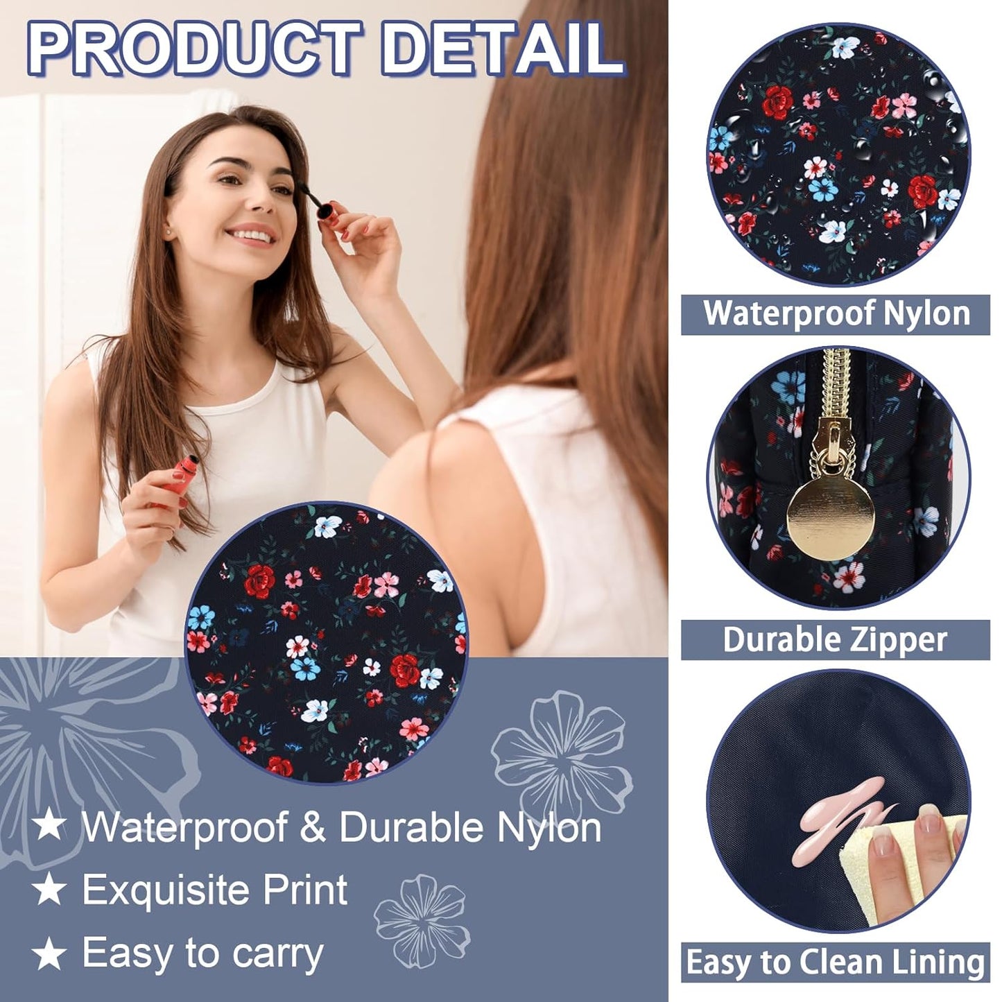 Waterproof Small Floral Makeup Bag Pouch for Purse,Nylon Flower Cosmetic Bag Preppy Travel Toiletry Storage Bag for Women Girl,Cute Makeup Organizer Bag Skincare Bag with Zipper(Small Black-Flowers)