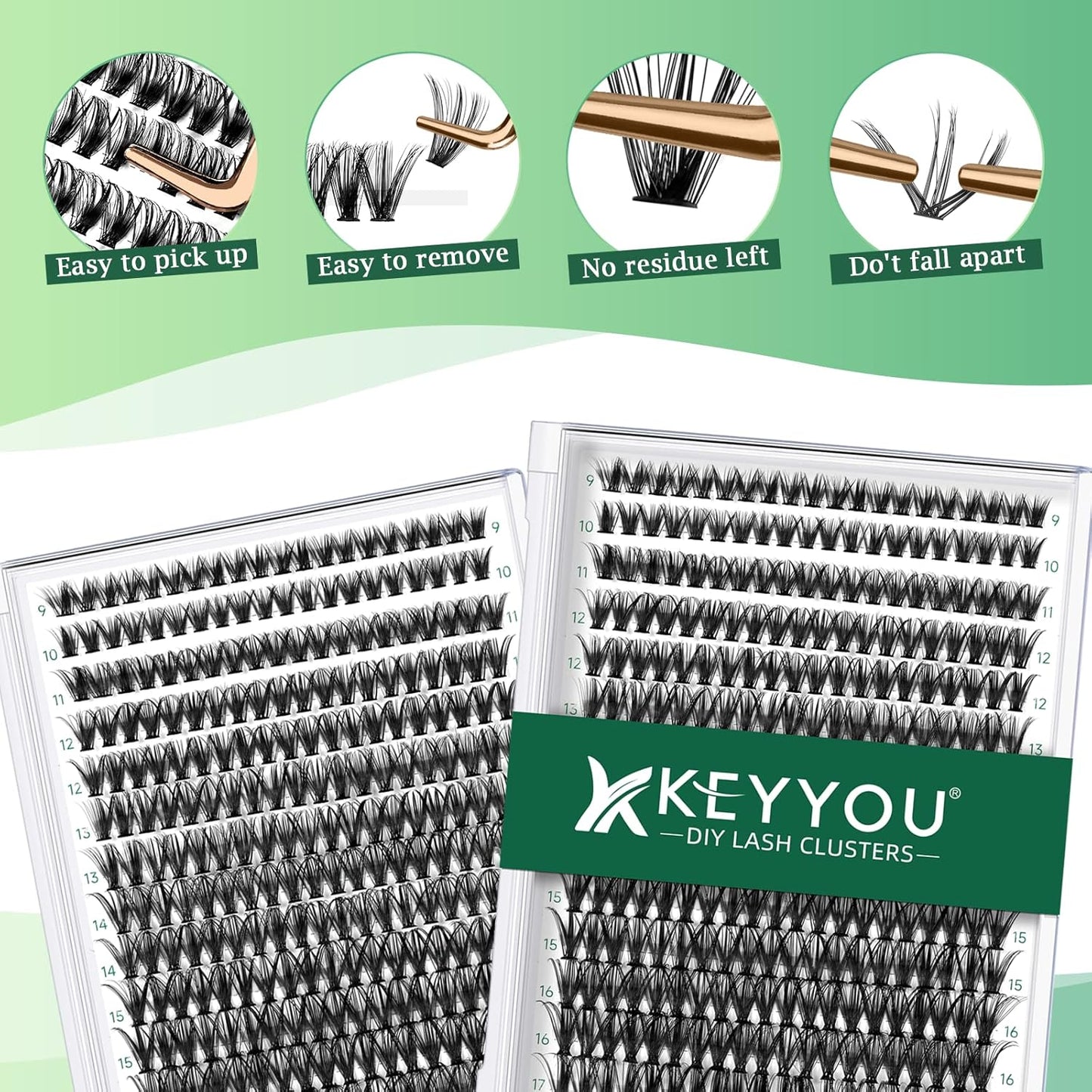 Lash Clusters 300pcs Individual Lashes 40D 0.07D Curl 17mm DIY Eyelash Extension KEYYOU Large Tray Volume Soft&Natural Cluster Lashes(40D-0.07D,17）