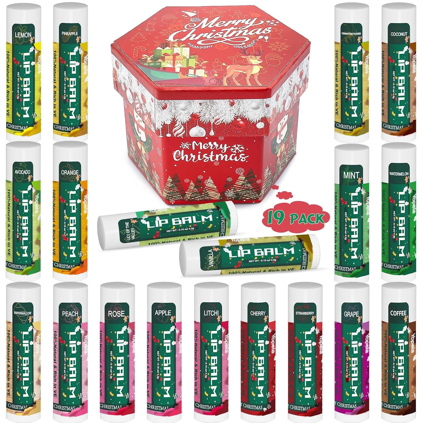 Yopela 19 Pack Christmas Natural Lip Balm Bulk with Vitamin E and Coconut Oil Lip Care Set - Moisturizing, Soothing, and Repairing Dry and Chapped Lips - 19 Flavors - Non-GMO