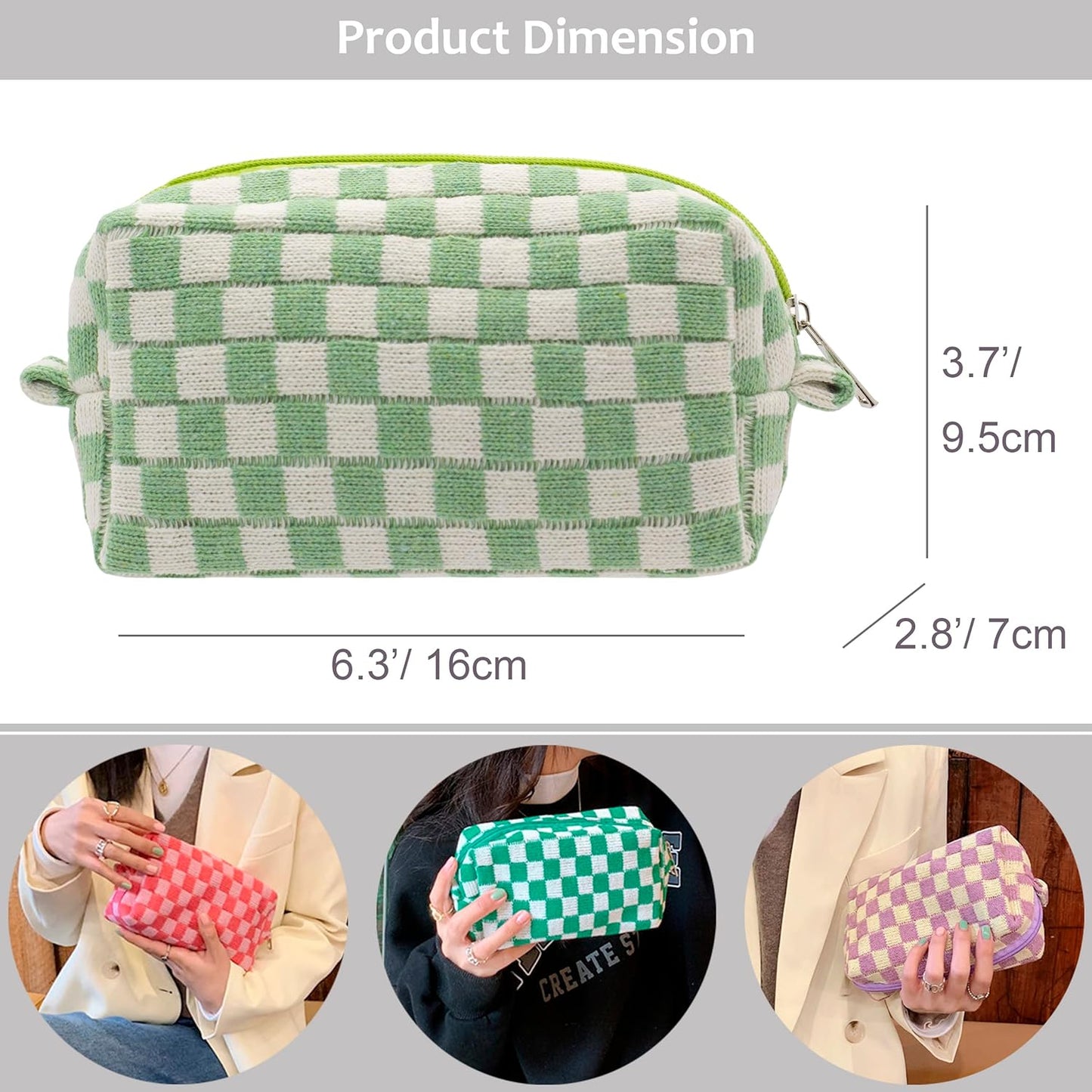 PAZIMIIK Checkered Makeup Bag for Purse Portable Zipper Make Up Pouch Small Cosmetic Case for Travel Accessories (2PCS Light Green)