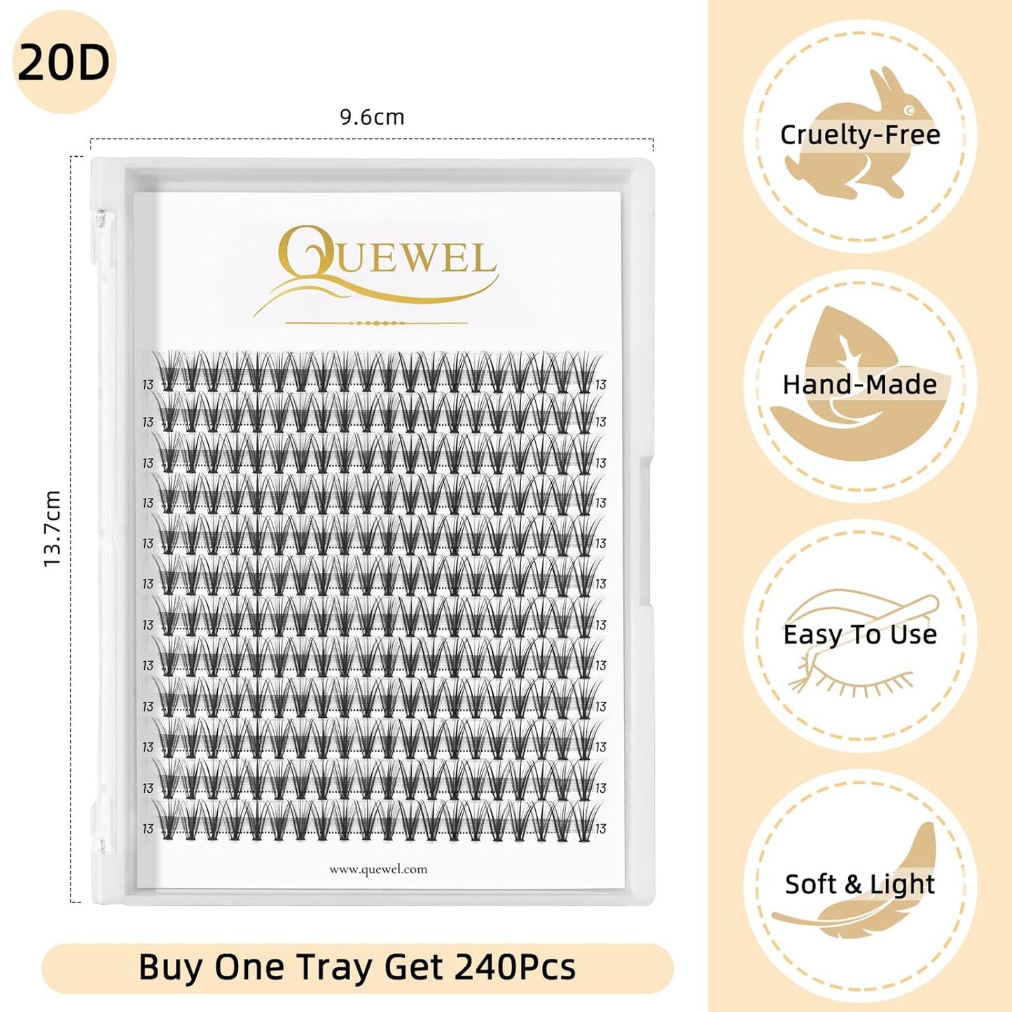 QUEWEL Cluster Lashes 240Pcs Individual Lashes 20D 0.07C Curl 13mm Knot-Free Lash Extensions Clusters Lashes Soft&Natural False Eyelashes Individual DIY Eyelash Extension at Home(20D 0.07C 13)