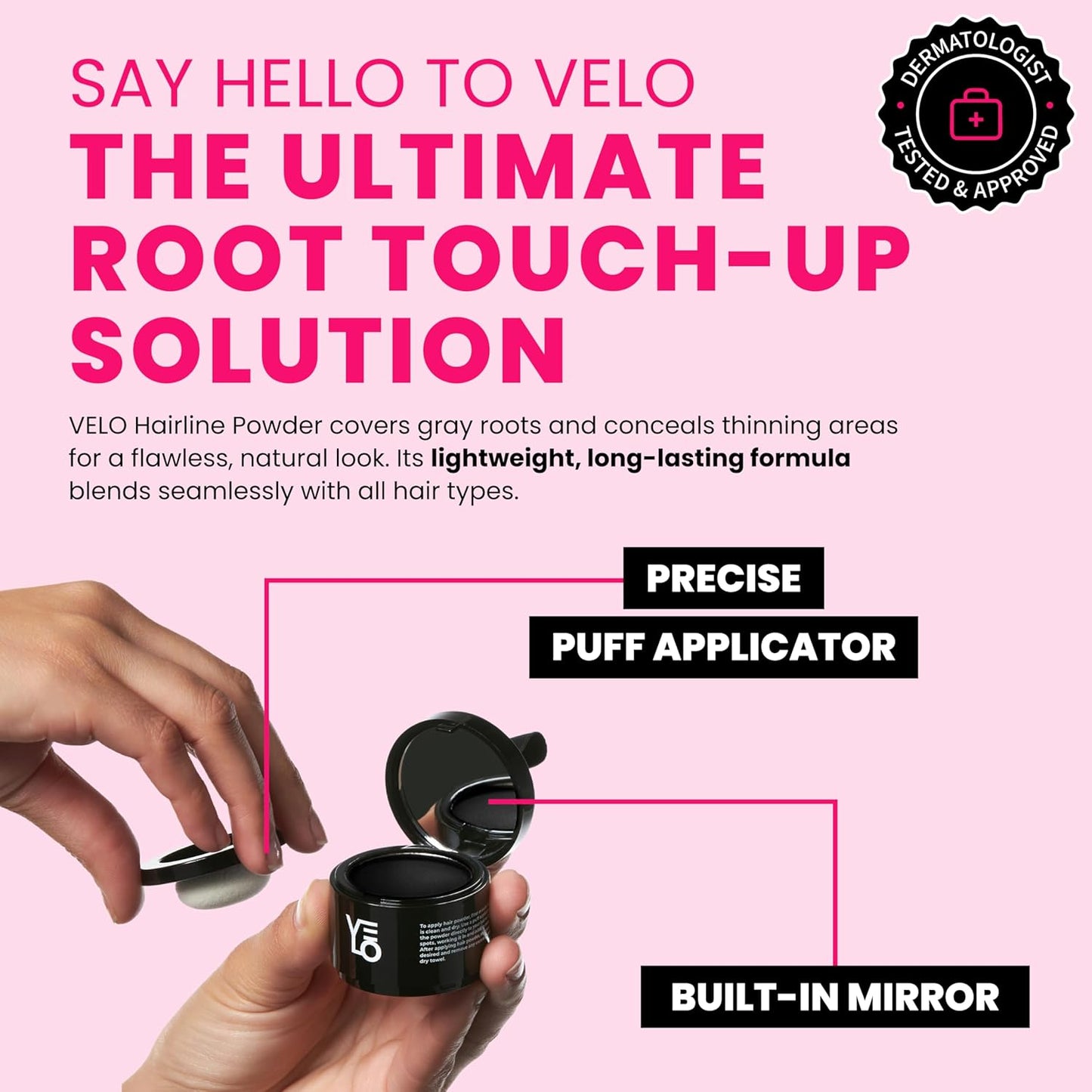 VELO Hairline Powder–BLACK Hair Root Touch Up Powder for Women & Men–Instantly Covers Gray Hair, Thinning Hair & Bald Spots–Sweatproof Root Cover Up–Puff & Mirror Compact, 13 Shades