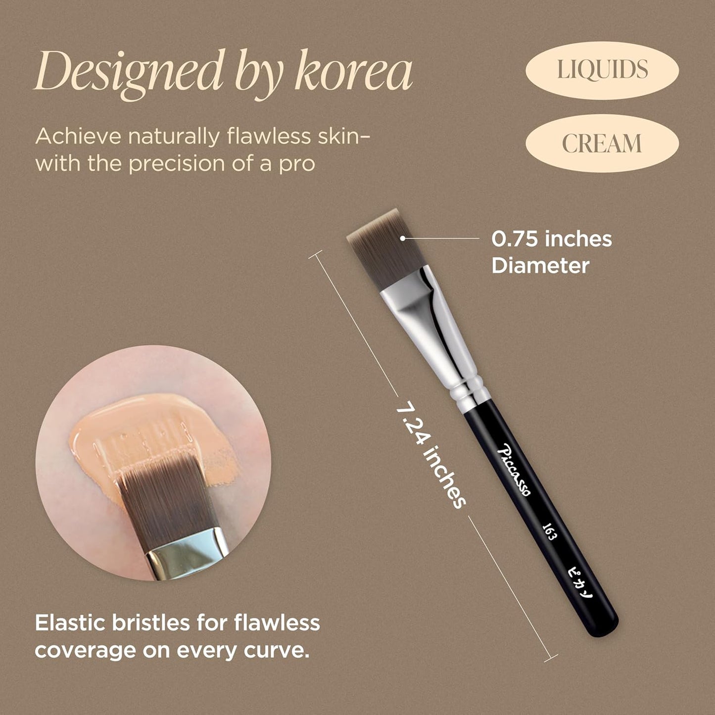 Piccasso 163 Foundation Brush – Dense Makeup Brush for Liquid & Cream Foundation, Soft Synthetic Bristles for Flawless Coverage and Face Makeup, Professional Korean Beauty Tool for Daily